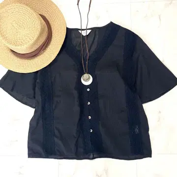 컨디션 최상 인도 면 마니 레이스 핀턱 V넥 블라우스 플레어 슬리브