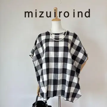 미사용급 미즈이로 인드 린넨 혼방 블록 체크 코쿤 풀오버 F