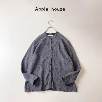 Apple house 와플 원단 밴드 카라 블라우스 일본제 린넨 혼방