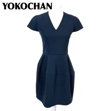 [새상품급] YOKOCHAN 반팔 원피스 V넥 플레어 38 네이비