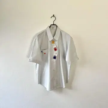 구제 의류 일본제 자수 디자인 셔츠 반팔 비대칭 레트로 면 코튼 M