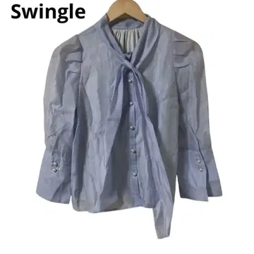 Swingle 스카이블루 리본 포함 긴팔 셔츠 블라우스 시어 소매