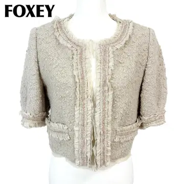 [새상품급] FOXEY 5부 소매 울 자켓 42 올 패턴 베이지 x 핑크