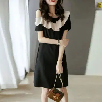 바이컬러 프릴 오프숄더 원피스 S