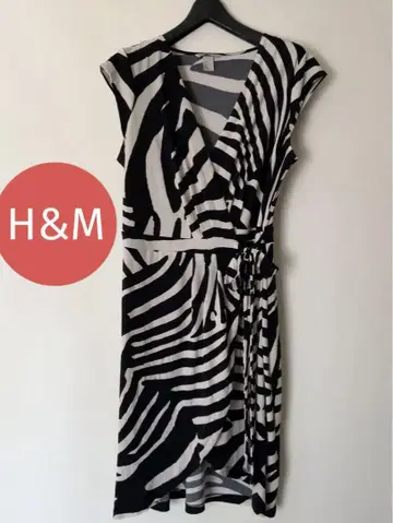 H&M 제브라 패턴 랩 원피스 반팔 모노톤 M 사이즈