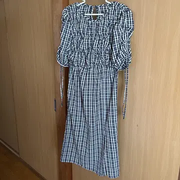 깅엄 체크 반팔 미디 원피스