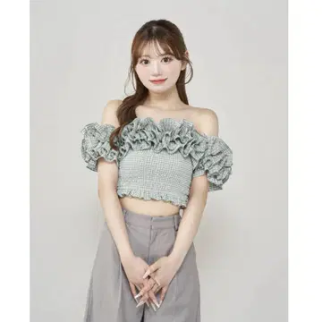 Darich 깅엄 체크 오프숄더 상의 민트