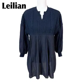 [새상품급] Leilian 긴팔 니트 튜닉 플리츠 9 무지 네이비