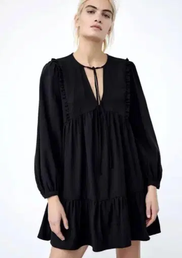 ZARA 빅 사이즈 티어드 프릴 튜닉 미니 원피스 블랙 넉넉한 핏