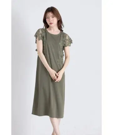 올리브 레이스 슬리브 미디 원피스