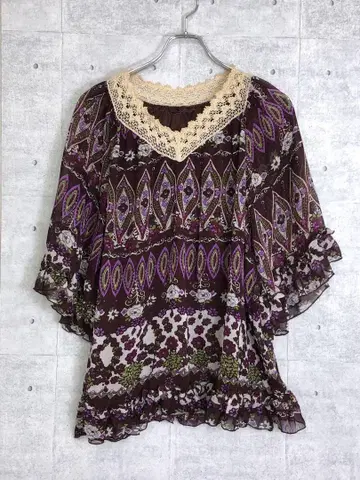 보헤미안 갸루 구제 페이즐리 무늬 레이스 절개 쉬폰 상의