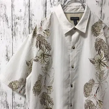C2270 VAN HEUSEN 알로하 셔츠 하이비스커스 스트라이프 화이트