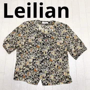 유161 Leilian 반팔 시어 셔츠 버튼 셔츠 꽃무늬 블랙