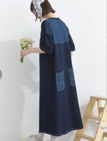 새상품! 루피리앙 천축 5.5oz 데님 배색 스티치 5부 소매 원피스