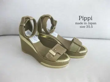 Pippi 삐삐 힐 샌들 가죽 35.5 KAKI x GOLD 통굽 밑창