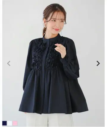 핏모아 프론트 프릴 페플럼 긴팔 블라우스 네이비 택 포함 새상품