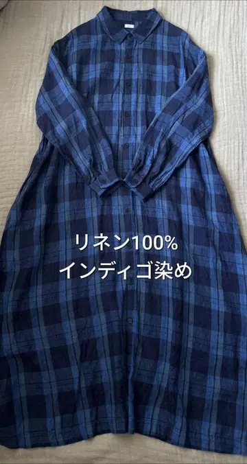 ichi 이치 린넨 100% 인디고 염색 셔츠 원피스 파랑 체크
