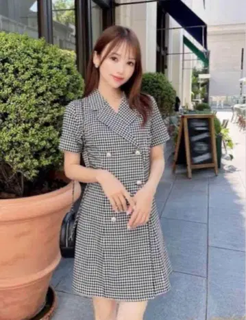 미셸 마카롱 반팔 깅엄 체크 미니 원피스