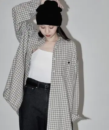 새상품 MARY QUANT x PUBLUX 로고 자수 빅 셔츠 체크
