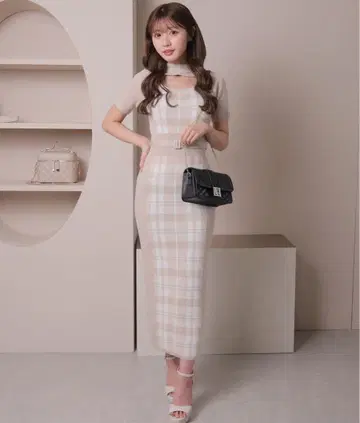 lipservice 체크 자카드 데콜테 오픈 미디 원피스