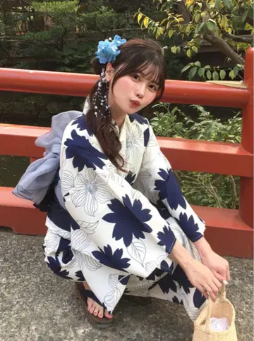 꽃무늬 유카타 세트 헤코오비 고전 네이비 화이트 성인 꽃무늬 일본풍 패턴