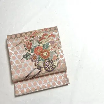 후쿠로 오비, 바구니 눈 패턴에 꽃 수레, 금은사, 동운색 PO-3291