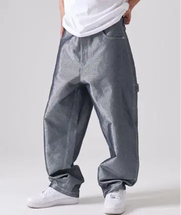 FUBU 실버 워크 팬츠 로고 자수 사이즈 조절 가능 메탈릭 라메