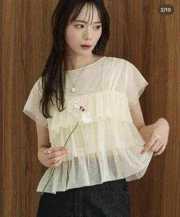 튤 프릴 프렌치 슬리브 상의 hinari 프리 사이즈