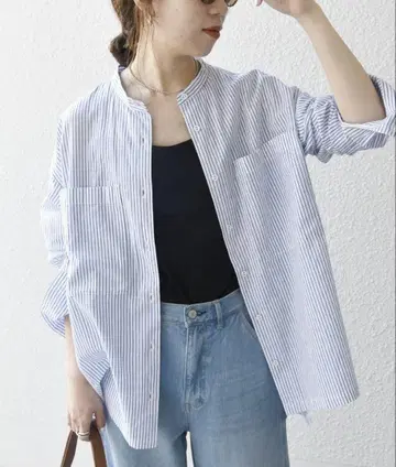 SHIPS any: 린넨 믹스 스탠드 칼라 포켓 셔츠