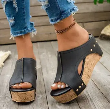 [미사용 새상품] 블랙 웨지솔 샌들 블랙 36 약 23.5cm
