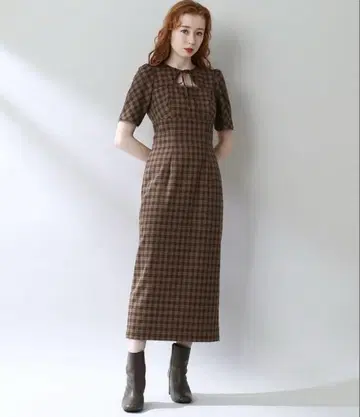 deicy 체크 무늬 롱 원피스 반팔