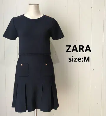 ZARA 박스 플리츠 니트 원피스 골드 버튼 네이비 M