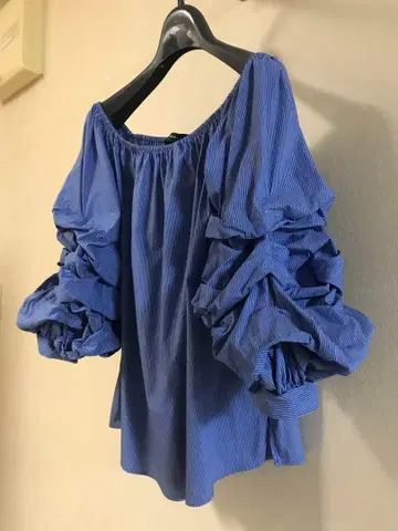 자라 ZARA 블라우스 셔츠 스트라이프 코튼 파랑 셔링