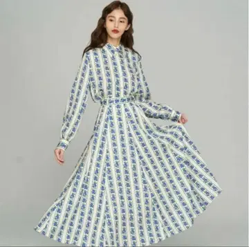 Tnewties [책장에 숨겨진 통로] 블루 스트라이프 꽃무늬 롱 스커트