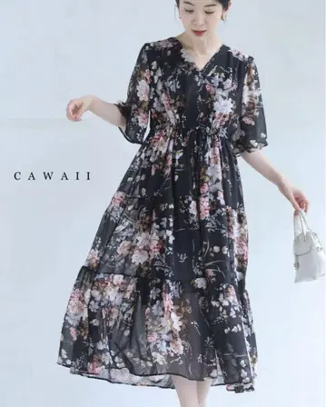 Cawaii 우미한 꽃 피어나는 시어 미디엄 원피스 블랙 S~2L 새상품