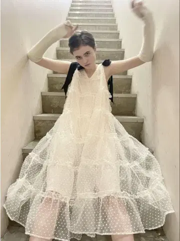 BONNE shoulder ribbon tiered one-piece