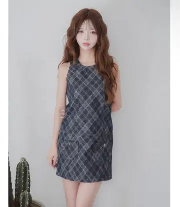 바이어스 체크 데님 미니 원피스 컬러 IND