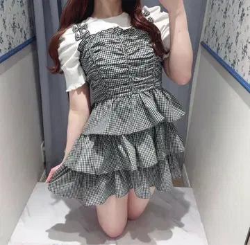 evelyn 리본 캐미 개더 원피스 깅엄