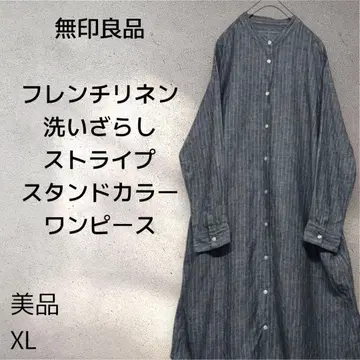 [새상품급] 무인양품 프렌치 린넨 워싱 스트라이프 스탠드 카라 원피스