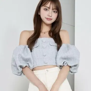 Darich 퍼프 슬리브 오프숄 트위드 상의