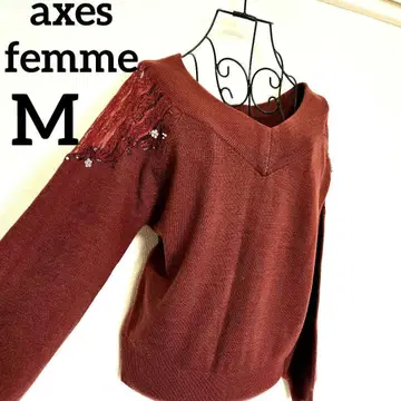 axes femme 버건디 M 얇은 니트 어깨 시어 레이스 벚꽃 패턴