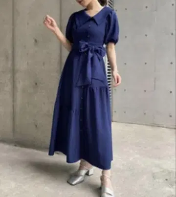 Redyazel 빅 칼라 허리 리본 원피스 네이비