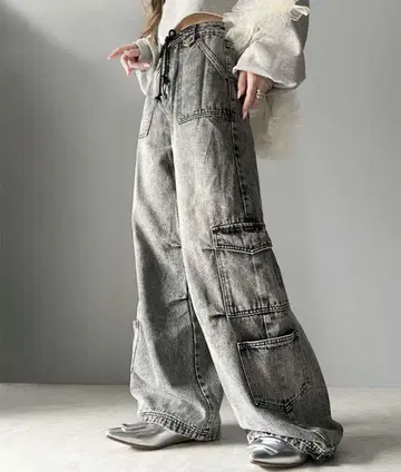 Java 자바 콜라보 빈티지 가공 밑단 드로스트 와이드 데님 팬츠