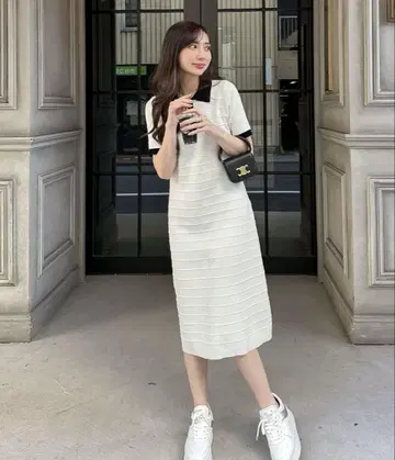 스트라이프 패턴 니트 원피스 반팔