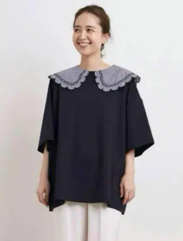 yori 깅엄 스캘럽 칼라 티셔츠 네이비