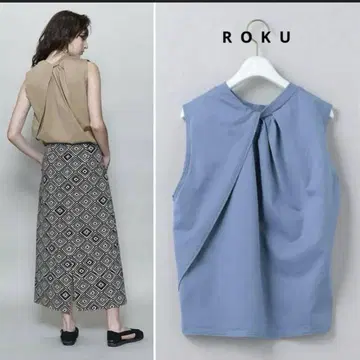 ROKU 라이트 블루 백 턱 슬리브리스 턱 상의