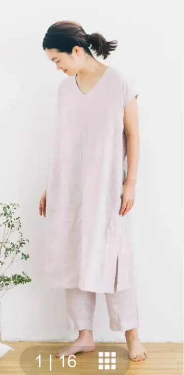 린넨 프렌치 슬리브 원피스 롱 원피스 라벤더 핑크