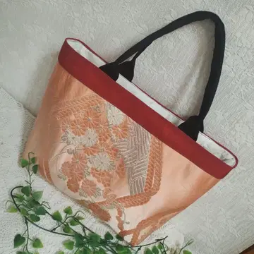 순수 실크 오비 리메이크 가로형 빅 백, 살몬 핑크 핸드메이드