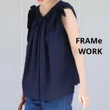 론 리본 개더 블라우스 네이비
