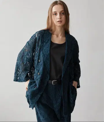 CLEL 루즈 코드 레이스 반팔 더블 테일러드 재킷 블루 차콜